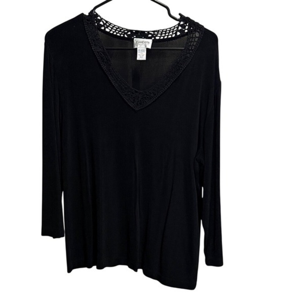 CHICOS TRAVELERS Black Long Sleeve Crochet Neck V‎ Neck Top Shirt Womens Size 2